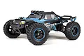 A studio shot of the BlackZon Smyter DT 1/12 scale RC desert truck in blue and black, featuring off-road tires and a roof-mounted light bar.