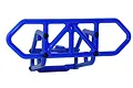 A blue RPM rear bumper for an RC vehicle, featuring a tubular frame design with black mounting screws, isolated against a white background.