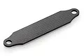 A Tamiya carbon fibre battery plate featuring a rectangular shape with rounded ends and mounting holes, shown against a white background.