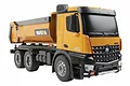 Huina 1573 RC dump truck in yellow and black, featuring a detailed cab, large tires, and a functional dump bed, isolated on a white background.