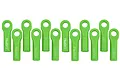 Twelve bright green RPM long rod ends for Traxxas RC vehicles arranged in a row against a white background.