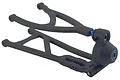 RPM black rear suspension arm and hub assembly for an RC vehicle, featuring a Y-shaped upper arm and a reinforced lower arm connected to a wheel hub.