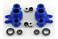 RPM blue steering hub set for RC vehicles including two blue plastic hubs, four metal pivot balls, and four ball bearings.