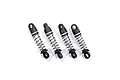 Four silver Kyosho aluminium RC shock absorbers arranged side-by-side on a white background.