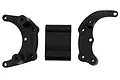 RPM black plastic rear bumper mount and wheelie bar components for RC vehicles, shown against a white background.