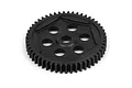A black hardened steel 51T spur gear for RC vehicles, featuring a central hole and five surrounding weight-reduction holes.