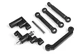 Maverick steering linkage and servo saver set including black plastic links, a metal pin, and a spring-loaded servo saver assembly.