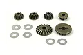 A set of metal differential gears and washers for an RC car, arranged on a white background.