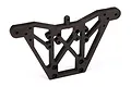 A black plastic rear shock tower for a Traxxas RC vehicle, featuring a triangular frame with multiple mounting holes.