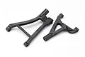 Two black plastic Traxxas RC front suspension arms on a white background.