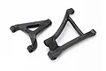A pair of black Traxxas RC front suspension arms, one upper and one lower, isolated on a white background.