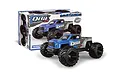 Maverick QBit Flux 1/16 scale 4WD electric RC monster truck in blue and grey, shown in front of its product packaging box.