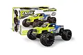 Maverick QBit Pro 1/16 scale RC monster truck in fluoro green and blue, shown in front of its product packaging box.