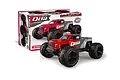 Maverick QBit 1/16 scale 4WD RC monster truck in red and grey, shown in front of its product packaging box.
