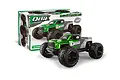 Maverick QBit 1/16 scale RC monster truck in green and grey, shown in front of its retail packaging box.