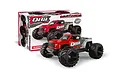 Maverick QBit Flux 1/16 scale RC monster truck in red and grey, shown in front of its retail packaging box.
