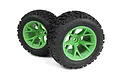Two Maverick Linebacker RC monster truck tires mounted on bright green multi-spoke plastic rims against a white background.
