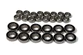 A set of 28 metal ball bearings of two different sizes arranged in two rows against a white background.