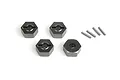 Four grey aluminium wheel hex adapters and four small metal drive pins arranged on a white background.