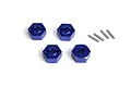 Four blue anodized aluminium 14mm hex wheel adapters and four small metal drive pins arranged on a white background.