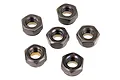 A top-down view of six black metal nyloc nuts arranged on a plain white background.