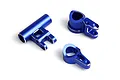 Three blue anodized aluminium RC steering components on a white background.