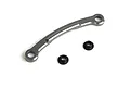 A grey aluminium steering plate for an RC car, accompanied by two small black plastic bushings, isolated on a white background.