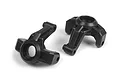 Two black plastic RC steering hubs for Maverick vehicles, shown from different angles on a white background.