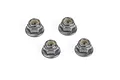 Four silver-coloured flanged nyloc nuts arranged in a square formation on a white background.