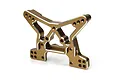 A gold-anodized aluminium front shock tower for an RC car with silver-machined edges and multiple mounting holes.
