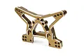 A gold-anodized aluminium rear shock tower for a Maverick RC vehicle, featuring multiple mounting holes and a machined design.