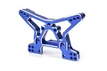A blue anodized aluminium rear shock tower for an RC car, featuring multiple mounting holes and a machined design.
