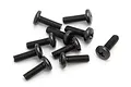 A pile of ten black metal binder head screws with Phillips drive heads on a white background.