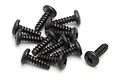 A pile of black metal coarse thread binder head screws with Phillips drive heads on a white background.