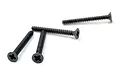 Four black metal countersunk screws with coarse threads arranged on a white background.