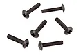 A set of six black metal button head screws with a Phillips head drive, arranged on a white background.