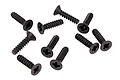 A collection of ten black metal countersunk screws with coarse threads and cross-head drives, arranged on a white background.