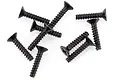 A collection of eight black metal countersunk screws with coarse threads scattered on a white background.