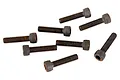A collection of eight dark grey metal cap head screws scattered on a white background.