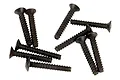 A collection of ten black metal coarse thread countersunk screws scattered on a white background.