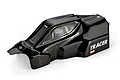 A glossy black pre-painted RC buggy body shell for the Atrek Tracer Pro, featuring white decals and a sleek aerodynamic design on a white background.