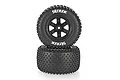 Two Atrek Wildfire Pro knobby RC rear tyres mounted on black six-spoke rims, stacked vertically against a white background.