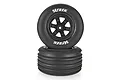 Two Atrek RC stadium truck front wheels with black six-spoke rims and ribbed rubber tyres, stacked on a white background.