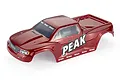A red pre-painted 1/10 scale RC stadium truck body shell by Atrek, featuring the word PEAK on the side and Atrek branding.