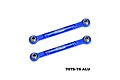 Two blue anodized aluminium steering toe links by GPM Racing with silver metal pivot balls at each end.