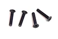 Four black metal countersunk head screws with Phillips drive, arranged on a white background.