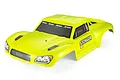 A bright neon yellow pre-painted RC short course truck body shell for the Atrek Stinger Pro, featuring black window decals and Atrek branding.