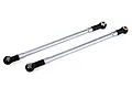 Two silver metal RC car suspension linkages with black plastic rod ends on a white background.
