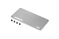 A rectangular XRAY stainless steel 30g chassis weight with four small black mounting screws on a white background.