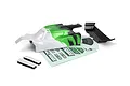 Maverick 1/24 Microbe RC buggy body shell in green, white, and black, including a rear wing, sticker sheet, and foam mounting pads.